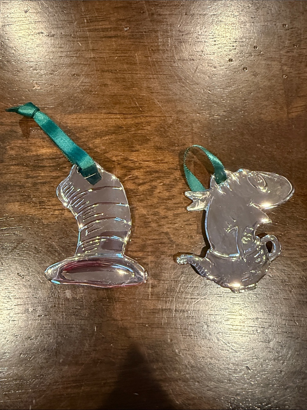 Dr. Seuss Silver Acrylic Cat in the Hat Hat & Teapot Ornaments with Green Ribbon